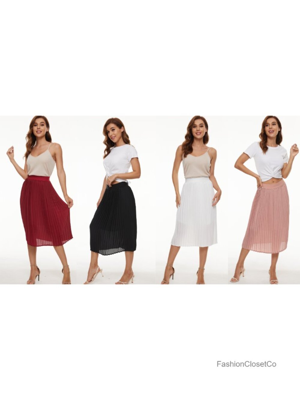 Pleated Midi Skirt High Waist Chiffon A-Line Flowy Summer Boho Casual - Picture 6 of 6